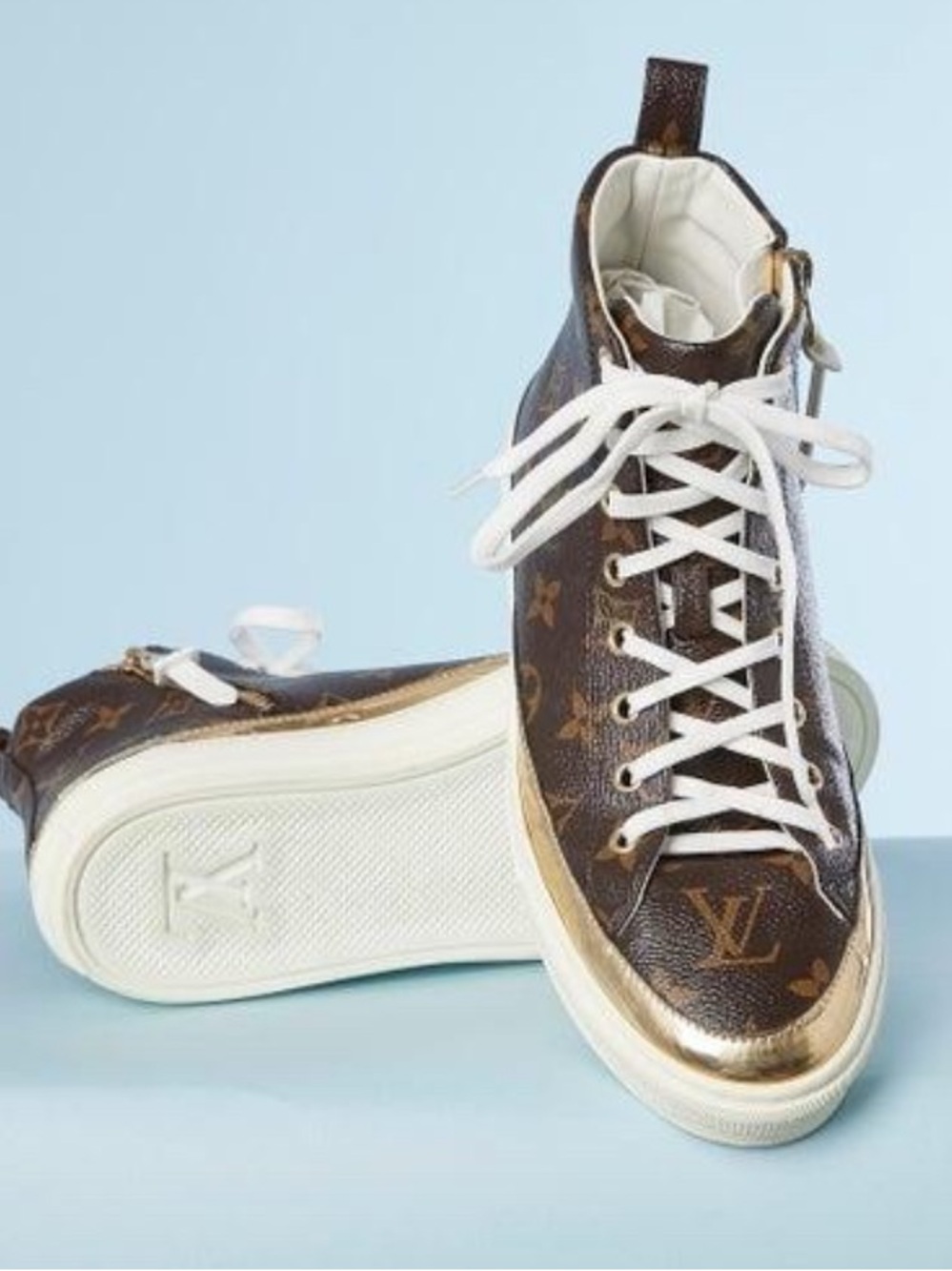 Louis Vuitton Brown Monogram High-Top Sneakers with White Laces and Gold Trim
